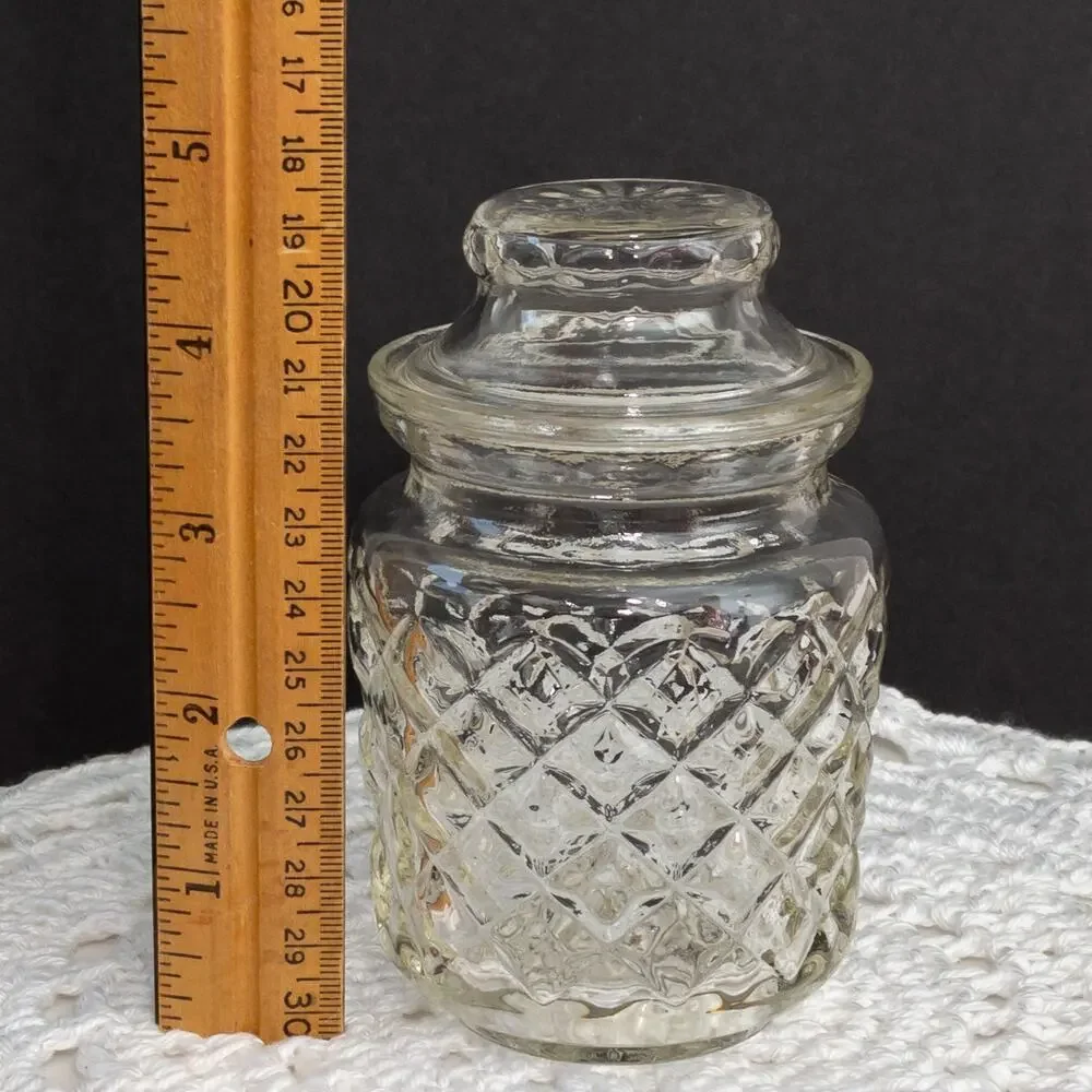 ANCHOR HOCKING Vintage Clear Pressed Glass Lidded Diamond Pattern Apothecary Jar